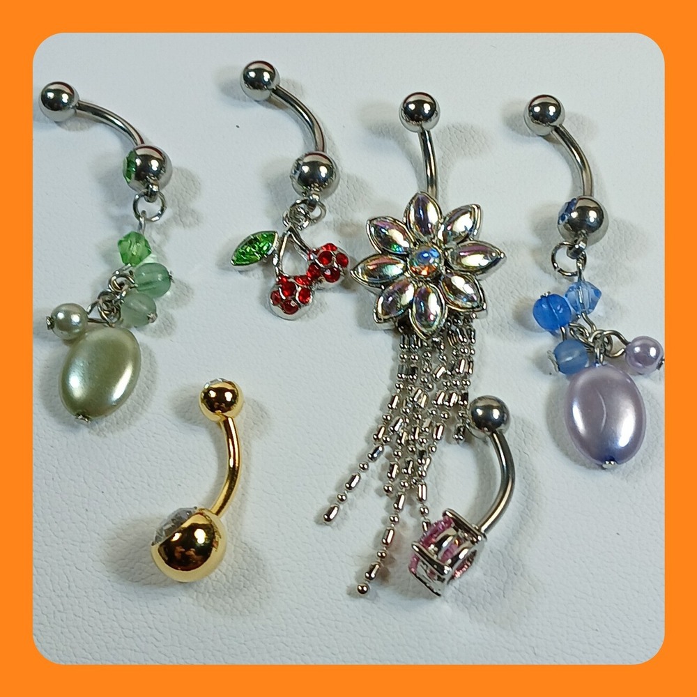 Vintage 90s Belly Button Ring Lot 6pc 316L Surgical Steel 14G Cherry Flower New